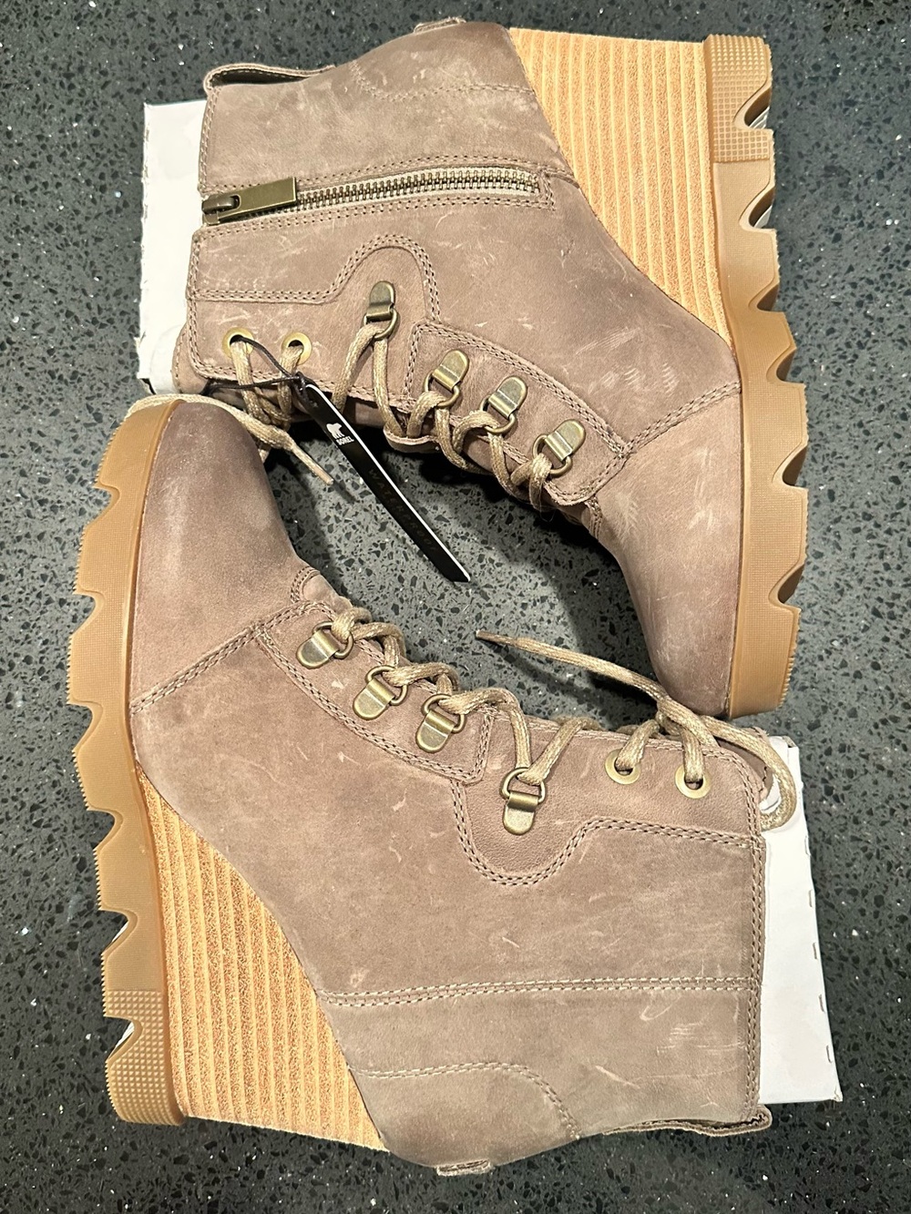 Sorel Taupe Suede Wedge Ankle Boots with Gum Sole